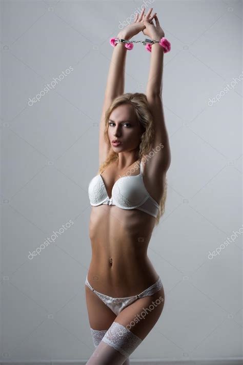 Woman In Underwear Bite Handcuffs Bdsm Sex Toy Stock Photo By