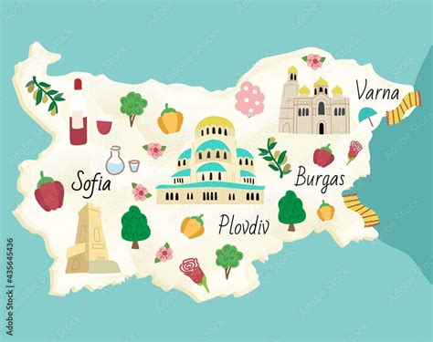 Illustrated map of Bulgaria. Famous landmarks temple, cathedral, rose ...