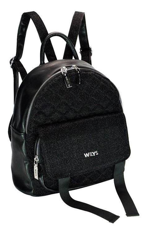 Bolsa Mujer Mochila Brillos Negro Vinipiel Original Wilys Env O Gratis