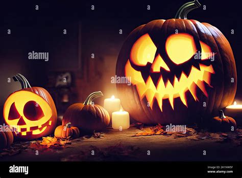 Candles Flickering And Pumpkins Sitting On A Table In The Dark At Night During Halloween 3d