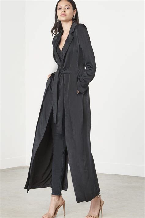 Black Satin Double Layer Maxi Duster Jacket Fashion Lavish Alice