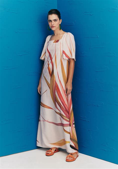 Vestido Amplo Manga Estampado Belize Cacay Carioca Brasileira E Latina