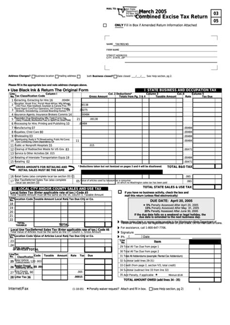 Combined Excise Tax Return Washington Department Of Revenue 2005