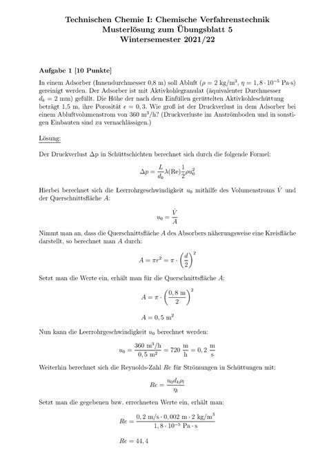 Technische Chemie I Musterlösung zur Aufgabe 1 aus Übungsblatt 5