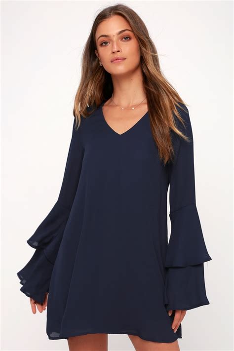 Cute Navy Blue Dress Bell Sleeve Dress Shift Dress Lulus