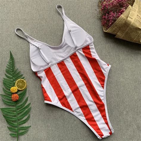 Dropship Striped Print Swimsuit Conjoined Female Bikini One Piece Open