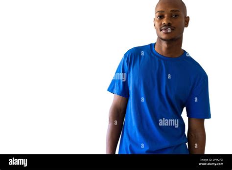 Portrait Of African American Man Wearing Blue T Shirt With Copy Space