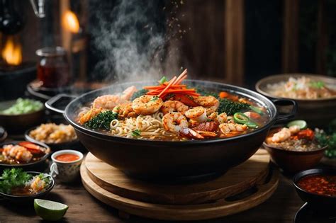Premium AI Image Noodles Spicy Boil With Seafood Shrimp Vegetable Food And Pork In Hot Pot