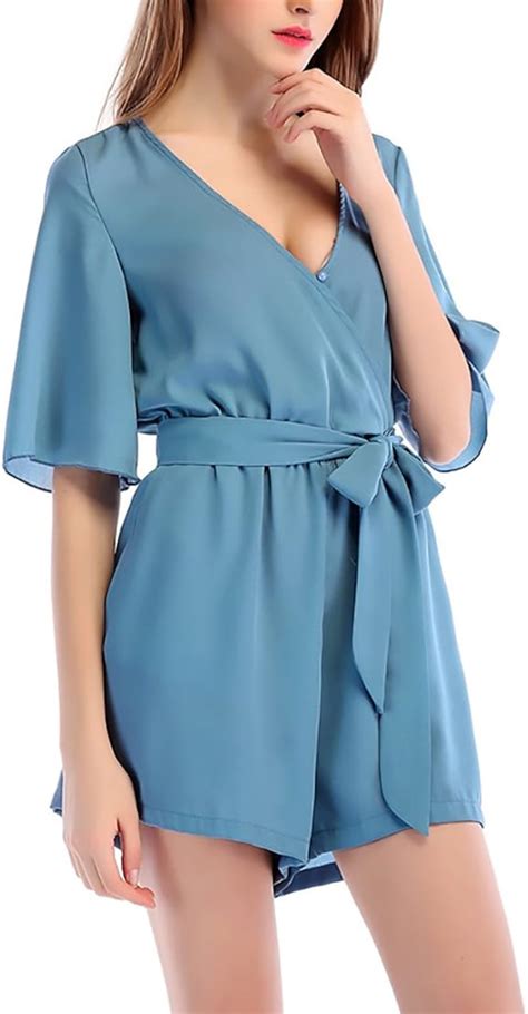 Targogo Jumpsuit Damen Elegant Festlich Sommer Tüll Chiffon Kurz Overall Mit Belt Kurzarm V