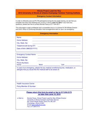 Fillable Online Pltw Uillinois UIUCSTI2010Emergency Contact Sheet Doc