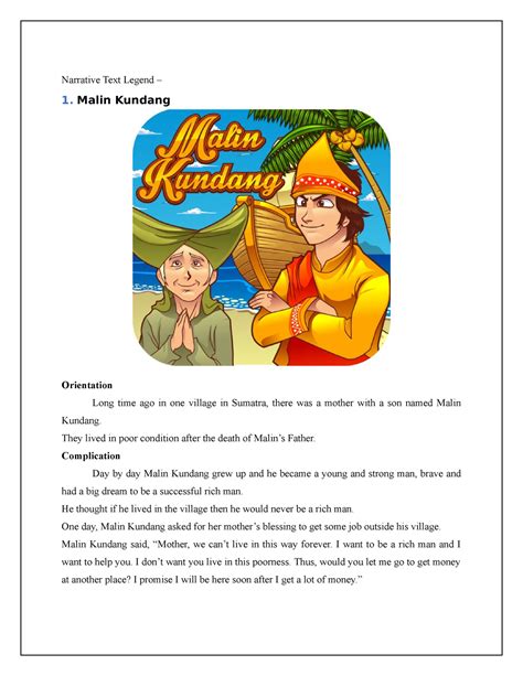 Narrative Text Legend 3 Malin Kundang Orientation Long Time Ago In One Village In Sumatra