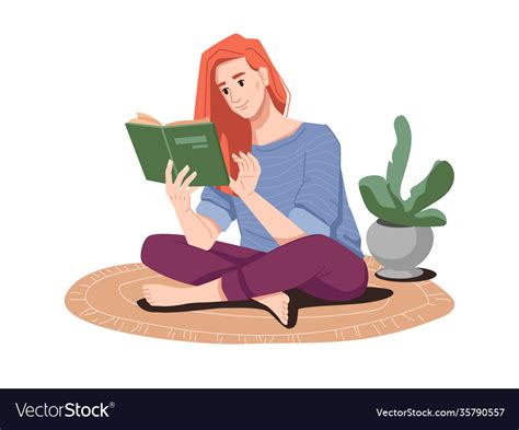 Redhead Girl Reading Book In Lotus Pose On Floor Vector Image