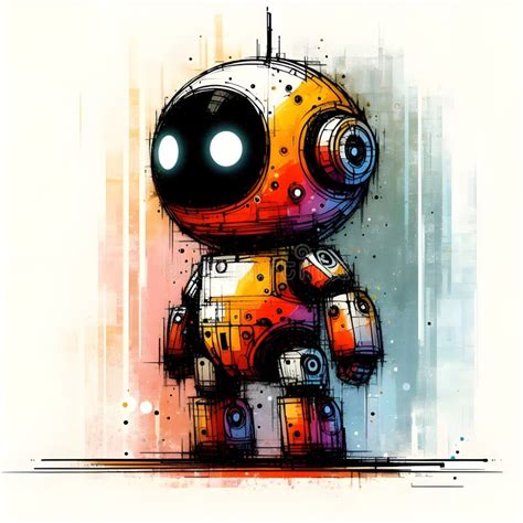 Minimalist Painting Of Sci Fi Cute Robot Pen And Ink Sketch Stock