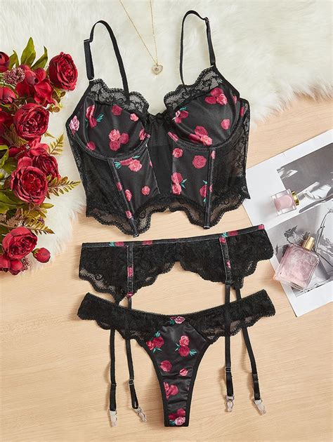 Floral Print Contrast Lace Underwire Garter Lingerie Set Shein Uk