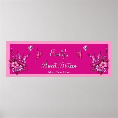 Banner Sweet 16 Pink Flowers Butterfly Birthday Poster | Zazzle