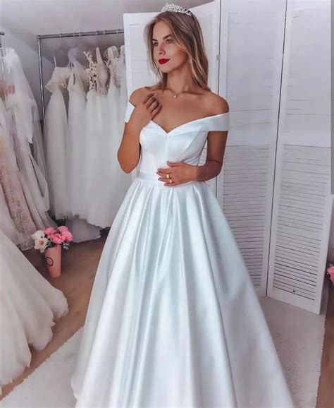 Off Shoulder Short Sleeve A Line Simple Satin Wedding Dress Tanya