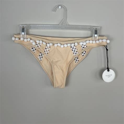 Tularosa Pom Pom Bikini Bottoms Swimsuit In Light Peach Orange White
