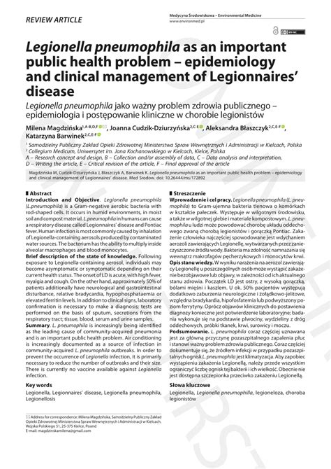 Pdf Legionella Pneumophila As An Important Public Health Problem Epidemiology And Clinical