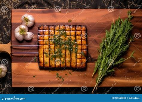 Overhead View Of Cedar Plank With Grill Marks On Halloumi Stock