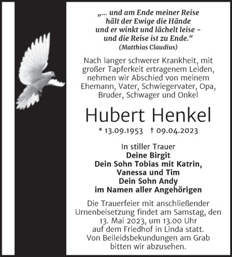 Traueranzeigen Von Hubert Henkel Abschied Nehmen De