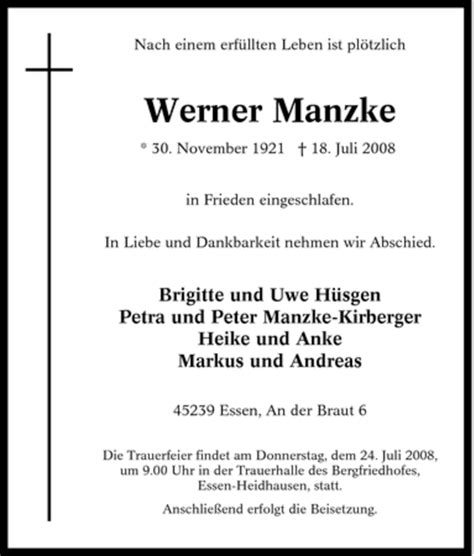 Traueranzeigen Von Werner Manzke Trauer In Nrw De