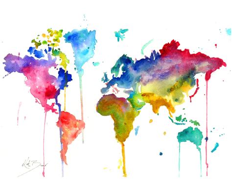 World Map Print Of Original Watercolor Illustration Watercolor Map