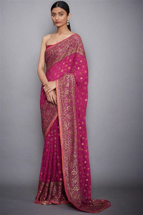 Buy RI Ritu Kumar Pink Silk Chinon Embroidered Saree With Unstitched