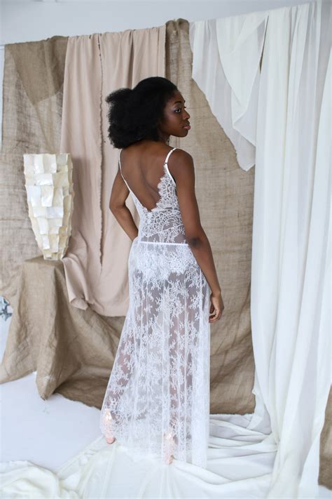 White Lace Dress Sheer Nightgown Bridal Lingerie Wedding Etsy