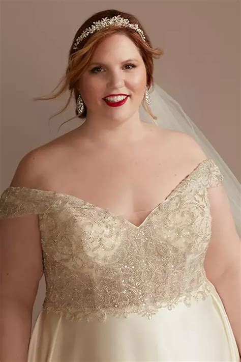 Off Shoulder Beaded Satin Plus Size Wedding Dress Davids Bridal