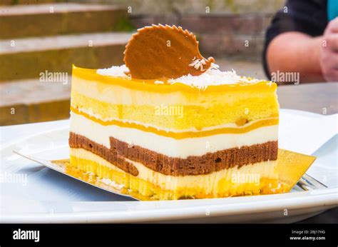 Chocolate Parfait Sponge Cake Cream And Mango With A Milk Chocolate