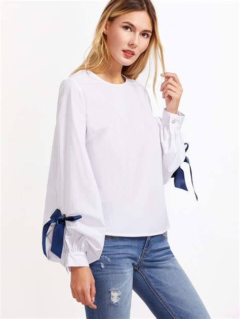 White Keyhole Back Bow Tie Bishop Sleeve Top Shein Sheinside