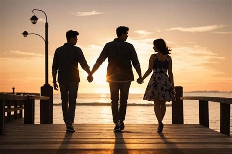 Premium AI Image | Silhouette of couple walking on pier at sunset