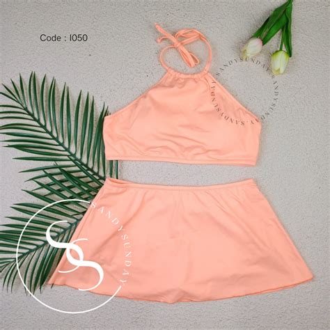 Jual Bikini Set High Neck Croptop Rok Celana Baju Renang Wanita Bikini