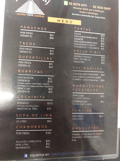 Carta del restaurante Yaakunaj Comida Yucateca, Ciudad del México