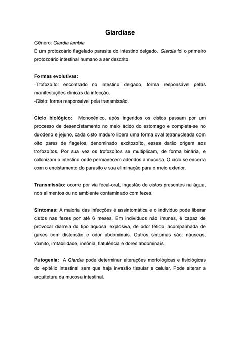 Giardíase Resumo Parasitologia humana Giardia lambia um flagelado