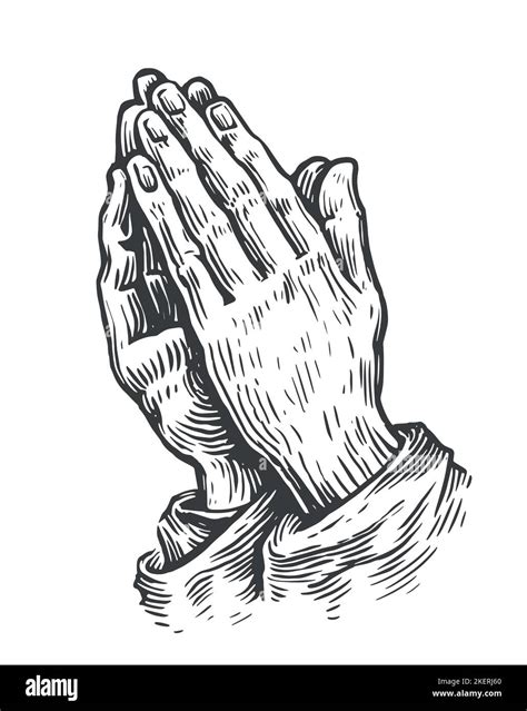 Pray Symbol Prayer To God With Faith And Hope Hand Drawn Praying Hands Sketch Vintage Vector