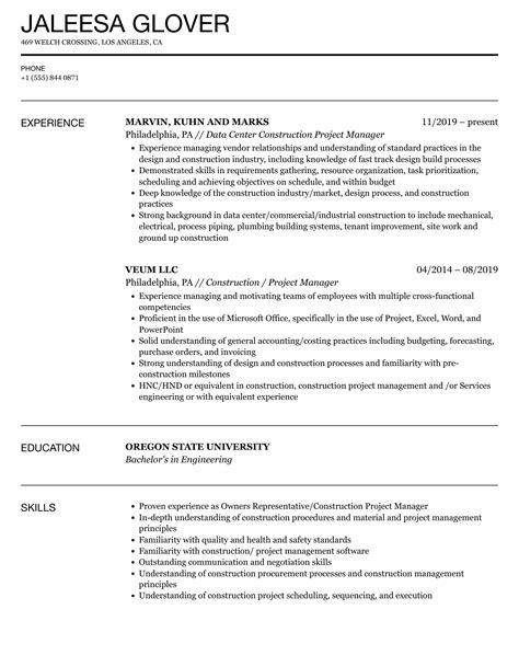 Construction Project Manager Resume Samples Velvet Jobs