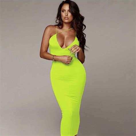 Sleeveless Plunge Neck Sexy Club Party Midi Bodycon Neon Dresses