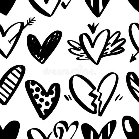 Vector Seamless Pattern With Hand Drawn Hearts Isolated On White