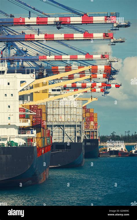 Vintage Photo Of Cargo Container Ships Docked In Freeport Commercial