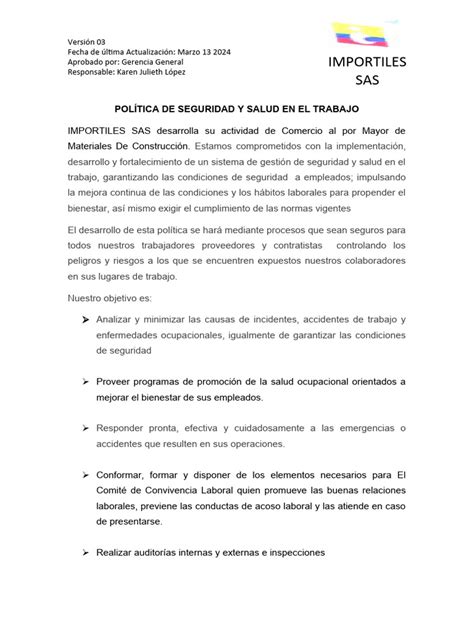 Política De Seguridad Y Salud En El Trabajo 2024 Descargar Gratis Pdf Seguridad Y Salud