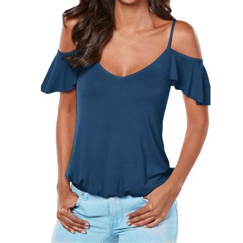 Buy Summer Shirts Women Off Shoulder Tops Ruffles Spaghetti Strap Backless Sexy