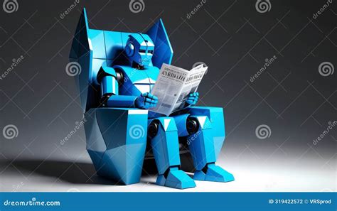 Futuristic Robot Reading Newspaper On Geometric Chair Stock Photo