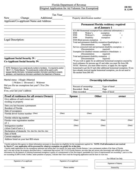 Original Application Form For Ad Valorem Tax Exemption Florida