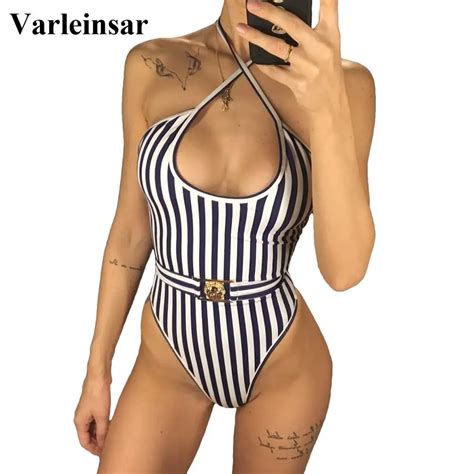 New Striped Halter One Piece Swimsuit 2019 Women Swimwear Female Bather