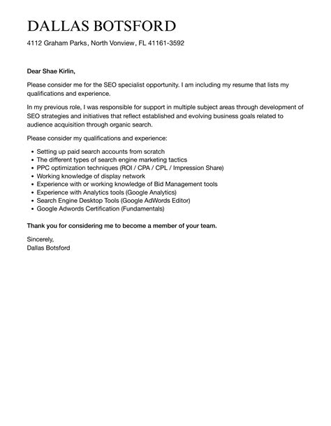 Seo Specialist Cover Letter Velvet Jobs