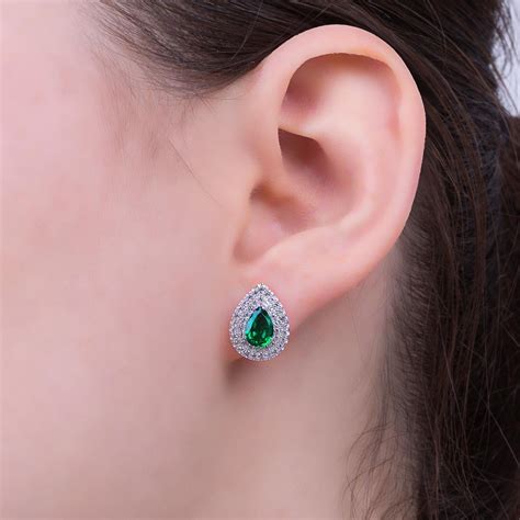 Fusion Emerald And Diamond Pear Halo 18ct White Gold Stud And Drop