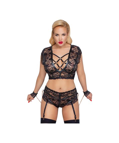 Cottelli Lingerie Black Lace Crotchless Suspender Set With Wrist Cuffs