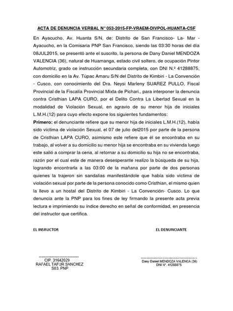 Acta De Denuncia Verbal Violacion Sexual De Menor De Edad Violación Información Del