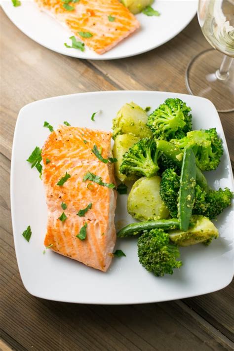 Pan Fried Salmon with Pesto Dressed Vegetables - Salu Salo Recipes